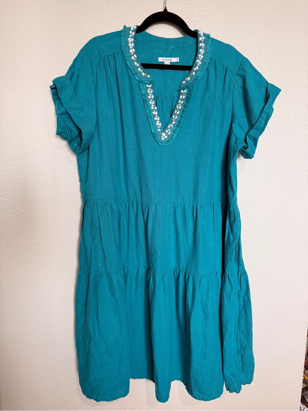 Chico’s Teal Tiered Embellished V-Neck Mini Dress